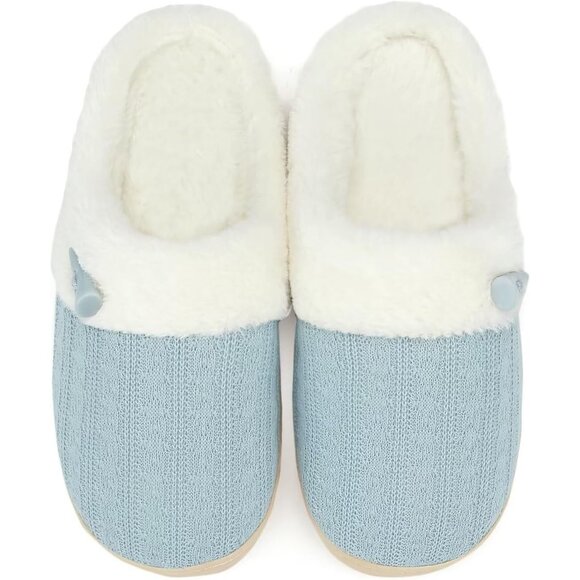 Women's Light Blue Scuff Faux Fur Lining Memory Warm Foam Plush Slippers Shoes - Picture 1 of 9